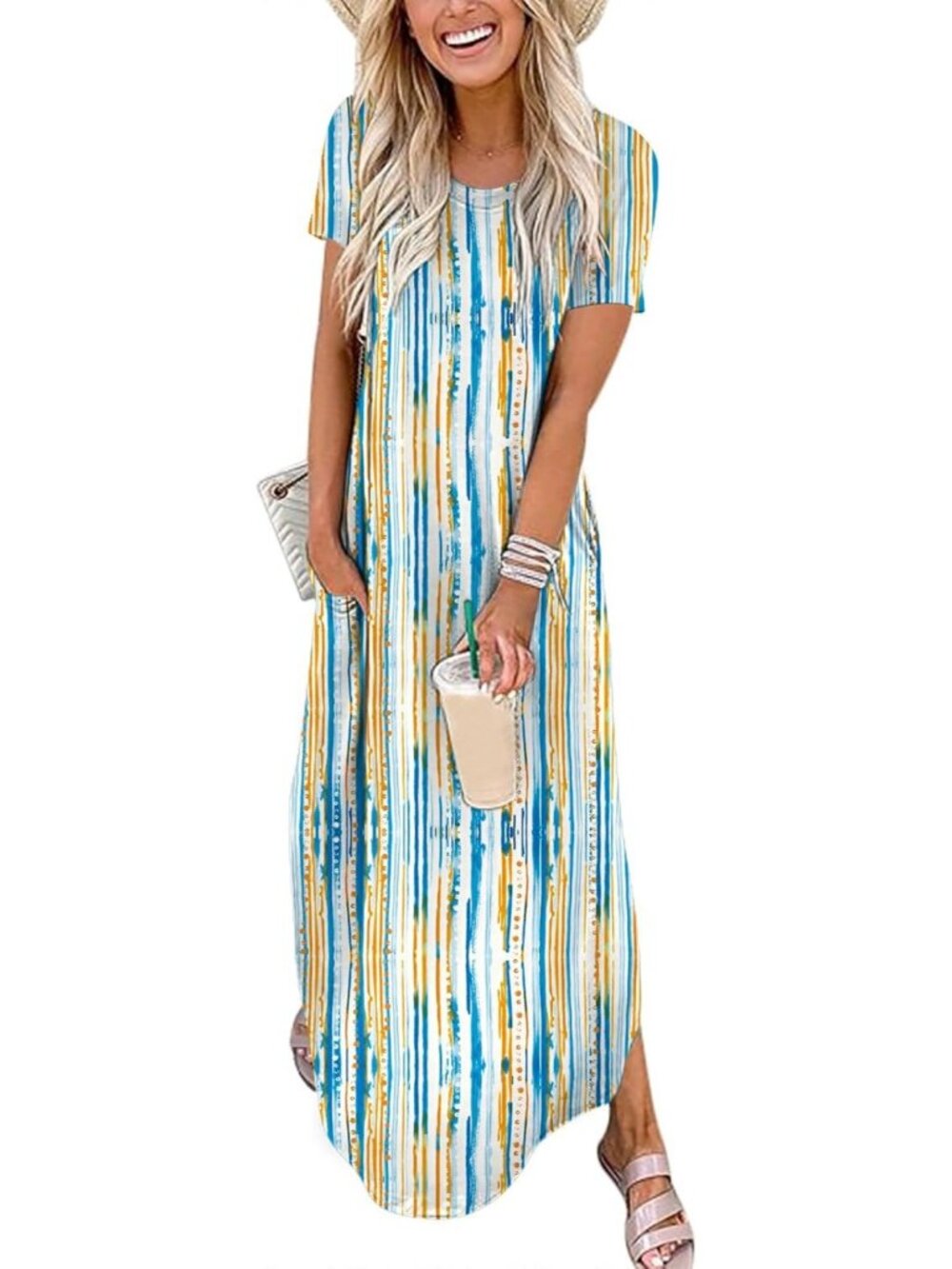 Women's Blue Orange Ripples Summer Maxi Dress Short Sleeve Casual Split T Shirt